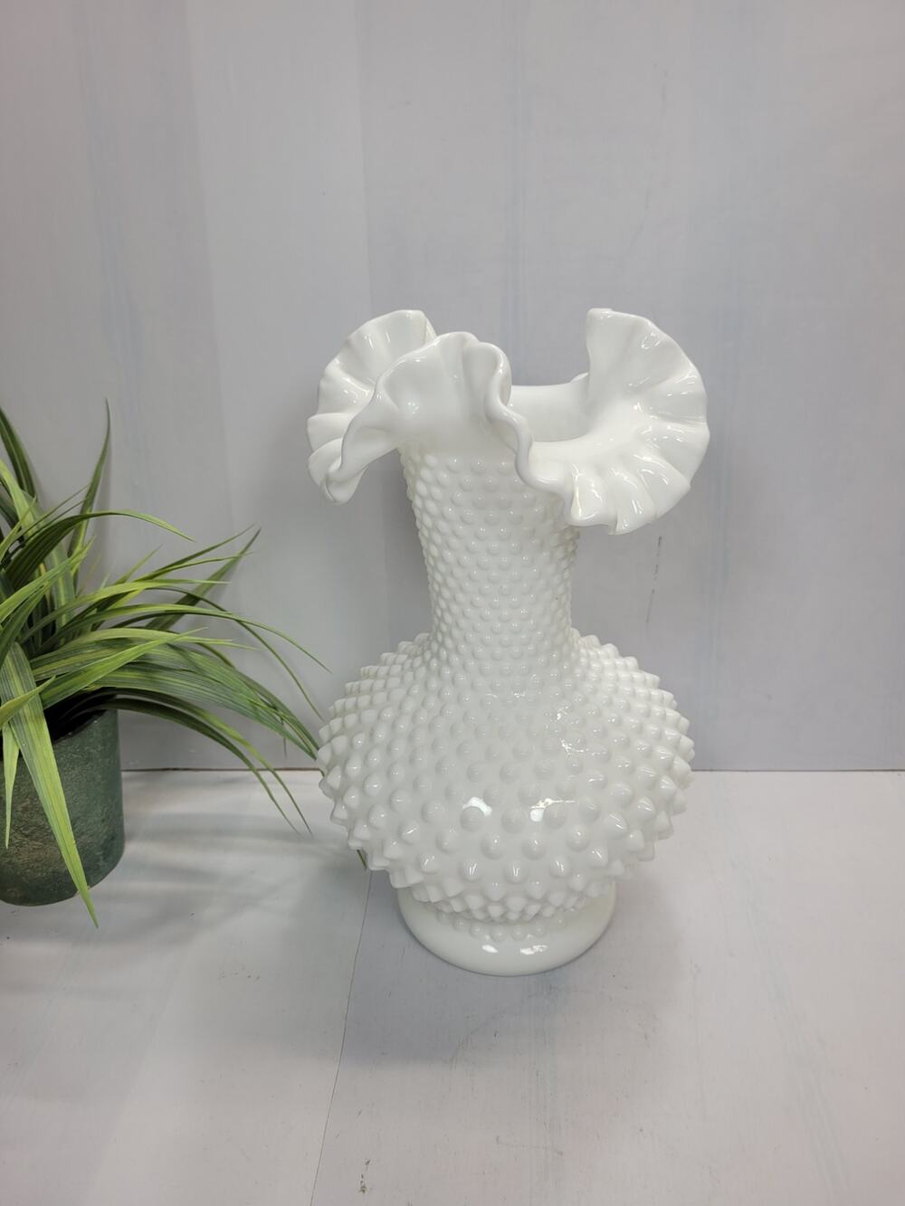 Vintage Fenton Hobnail White Milk Glass Large Double Crimped Ruffled Vase 11"